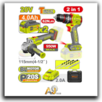 20V Cordless 2-Piece Combo Kit – Impact Wrench & Angle Grinder, Plastic Carrying Case, 2 × 4Ah Batteries, Charger Included