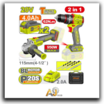 20V Cordless 2-Piece Combo Kit – Impact Wrench & Angle Grinder, Plastic Carrying Case, 2 × 4Ah Batteries, Charger Included