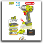 **Industrial Cordless Impact Wrench – 1/2" Square Drive, 20V, 2 × 2Ah Batteries, Charger Included, Max Torque: 400 N·m**