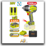 Industrial Cordless Impact Wrench – 1/2" Square Drive, 20V, 2 × 4Ah Batteries, Charger Included, Max Torque: 780 N·m