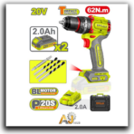Industrial Cordless Hammer Drill – 13 mm Metal Chuck, 20V, 2 × 2Ah Batteries, Charger Included, Max Torque: 62 N·m