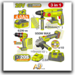 20V Cordless 3-Piece Combo Kit – Impact Wrench, Angle Grinder & SDS-Plus Rotary Hammer, Fabric Carrying Bag, 2 × 4Ah Batteries, Charger Included