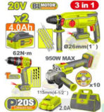 20V Cordless 3-Piece Combo Kit – Impact Wrench, Angle Grinder & SDS-Plus Rotary Hammer, Fabric Carrying Bag, 2 × 4Ah Batteries, Charger Included - Image 2