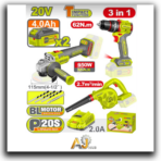 20V Cordless 3-Piece Combo Kit – Impact Wrench, Angle Grinder & Blower, Fabric Carrying Bag, 2 × 4Ah Batteries, Charger Included