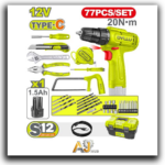 Cordless Drill Set 12V – 77 Pieces with Plastic Case