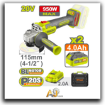 Industrial Cordless Angle Grinder – Variable Speed, 20V, 2 × 4Ah Batteries, Charger Included, 950W